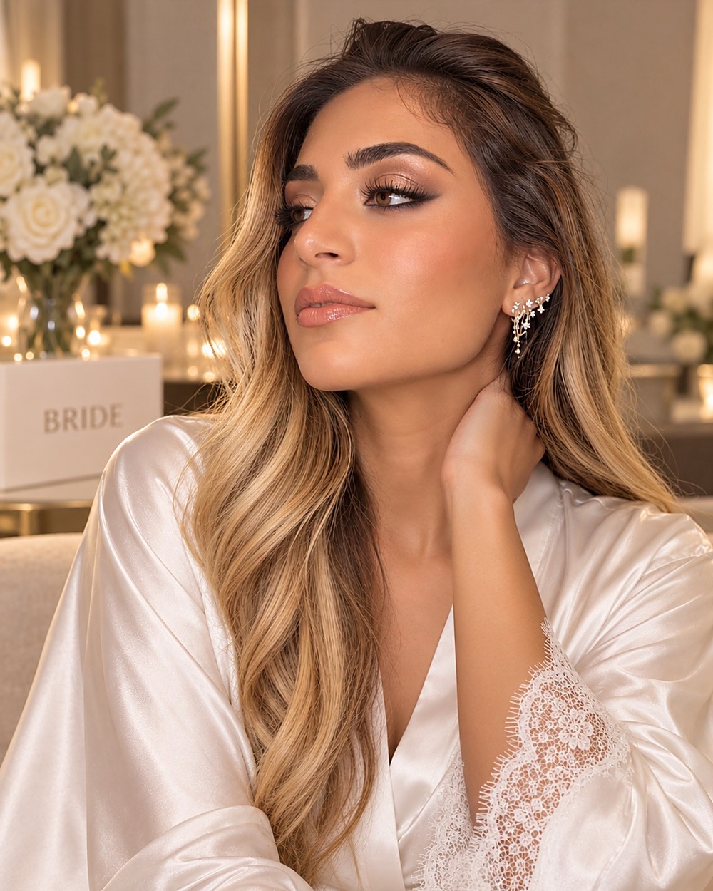 Bride in a white robe during her wedding-day makeup